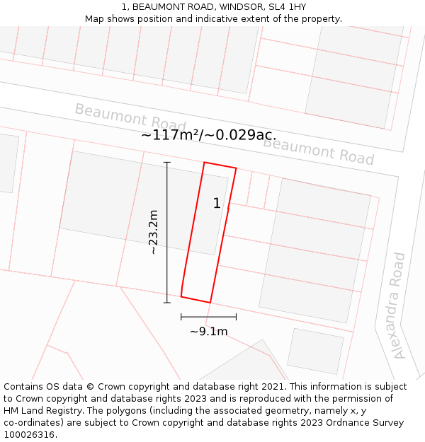 1, BEAUMONT ROAD, WINDSOR, SL4 1HY: Plot and title map