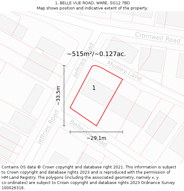 1, BELLE VUE ROAD, WARE, SG12 7BD: Plot and title map