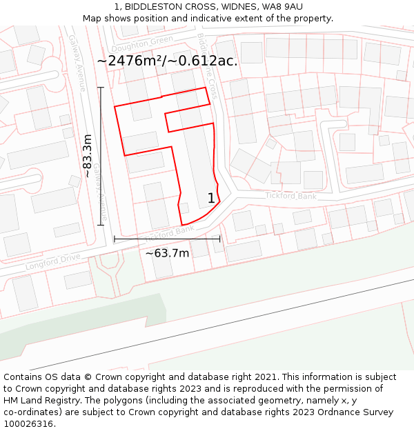 1, BIDDLESTON CROSS, WIDNES, WA8 9AU: Plot and title map