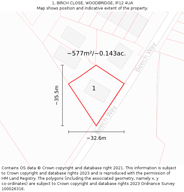 1, BIRCH CLOSE, WOODBRIDGE, IP12 4UA: Plot and title map