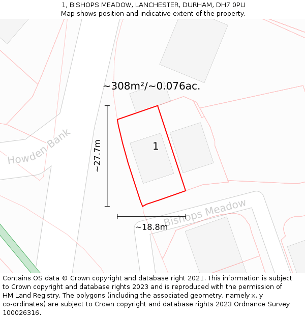 1, BISHOPS MEADOW, LANCHESTER, DURHAM, DH7 0PU: Plot and title map
