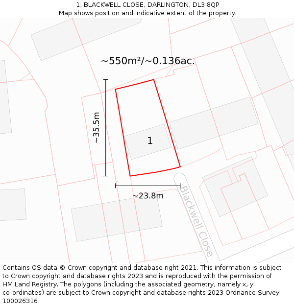 1, BLACKWELL CLOSE, DARLINGTON, DL3 8QP: Plot and title map