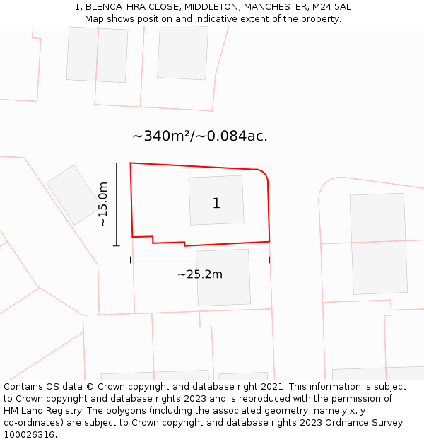 1, BLENCATHRA CLOSE, MIDDLETON, MANCHESTER, M24 5AL: Plot and title map