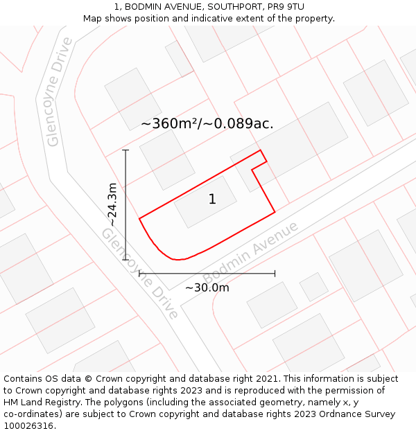 1, BODMIN AVENUE, SOUTHPORT, PR9 9TU: Plot and title map