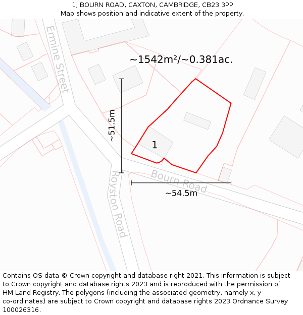 1, BOURN ROAD, CAXTON, CAMBRIDGE, CB23 3PP: Plot and title map