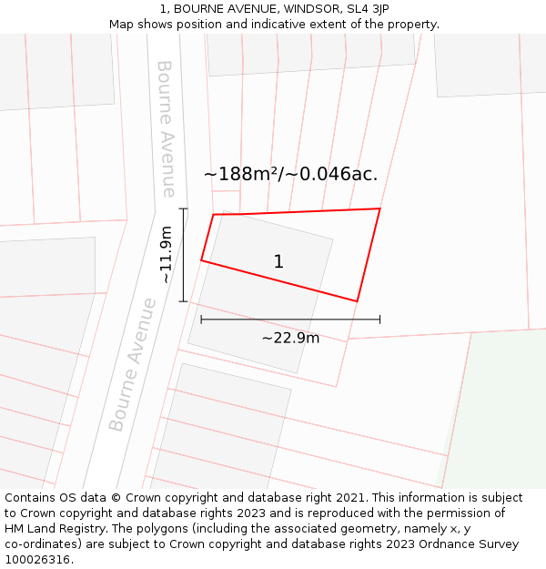 1, BOURNE AVENUE, WINDSOR, SL4 3JP: Plot and title map