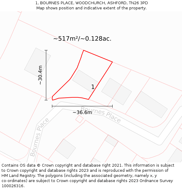 1, BOURNES PLACE, WOODCHURCH, ASHFORD, TN26 3PD: Plot and title map