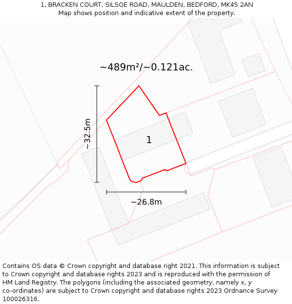 1, BRACKEN COURT, SILSOE ROAD, MAULDEN, BEDFORD, MK45 2AN: Plot and title map