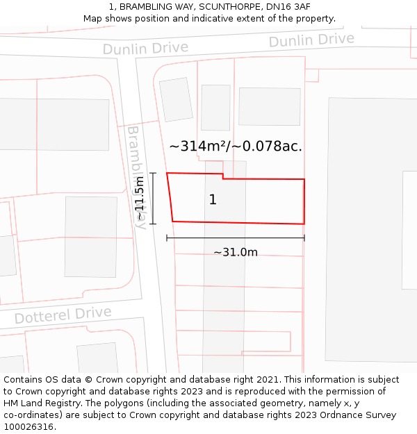 1, BRAMBLING WAY, SCUNTHORPE, DN16 3AF: Plot and title map