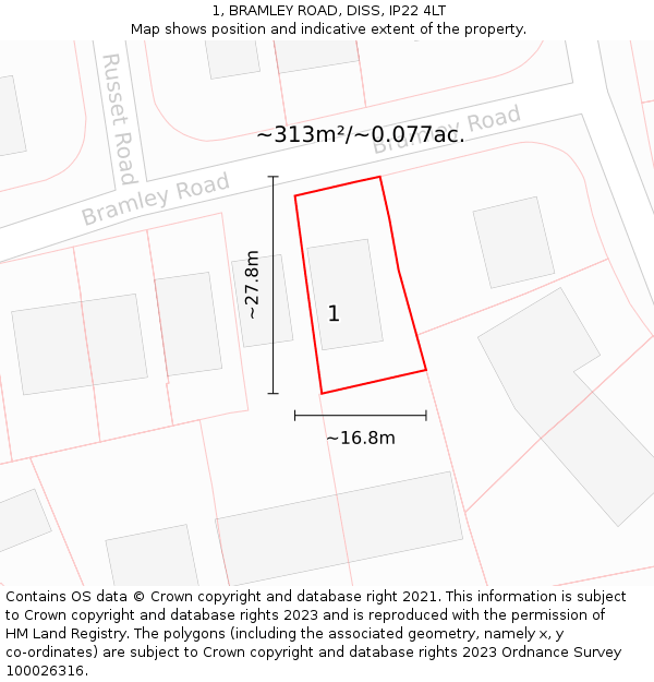 1, BRAMLEY ROAD, DISS, IP22 4LT: Plot and title map