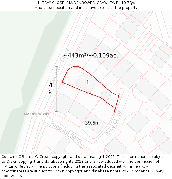 1, BRAY CLOSE, MAIDENBOWER, CRAWLEY, RH10 7QW: Plot and title map