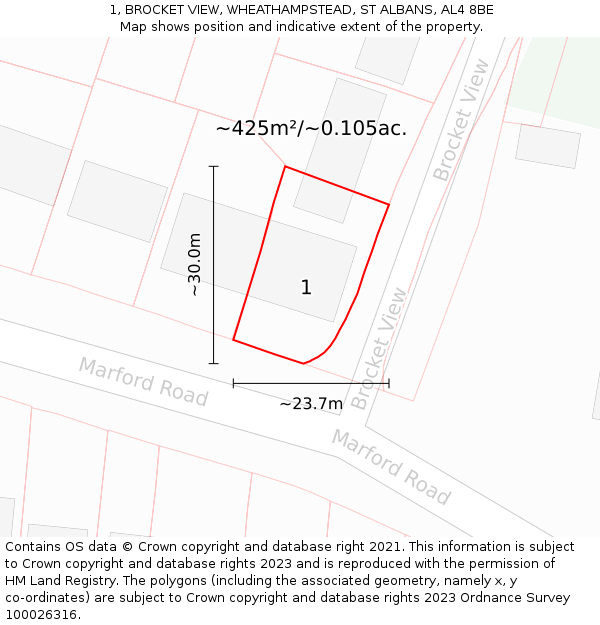 1, BROCKET VIEW, WHEATHAMPSTEAD, ST ALBANS, AL4 8BE: Plot and title map