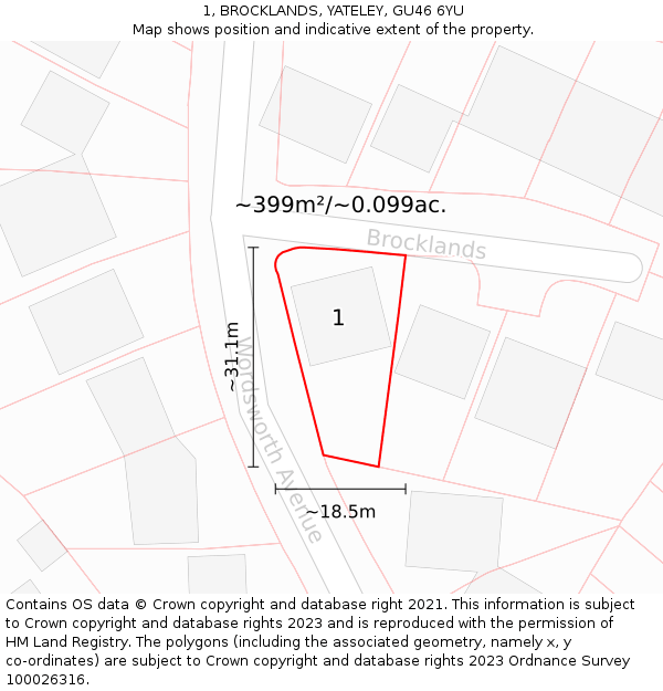 1, BROCKLANDS, YATELEY, GU46 6YU: Plot and title map