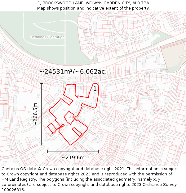1, BROCKSWOOD LANE, WELWYN GARDEN CITY, AL8 7BA: Plot and title map