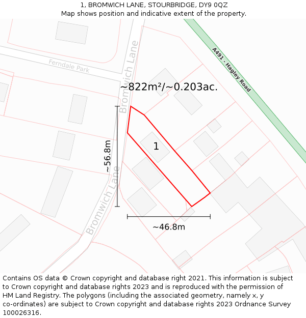 1, BROMWICH LANE, STOURBRIDGE, DY9 0QZ: Plot and title map