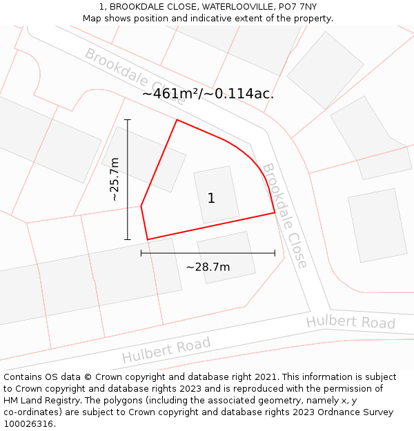1, BROOKDALE CLOSE, WATERLOOVILLE, PO7 7NY: Plot and title map