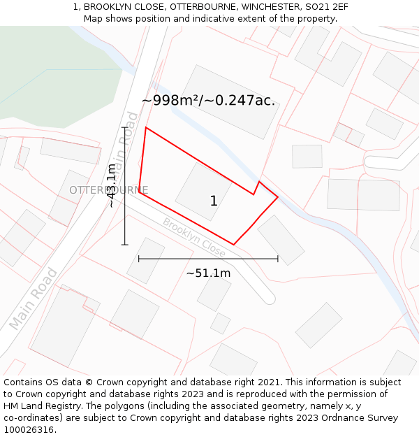 1, BROOKLYN CLOSE, OTTERBOURNE, WINCHESTER, SO21 2EF: Plot and title map