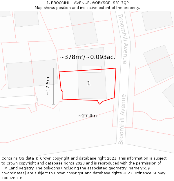 1, BROOMHILL AVENUE, WORKSOP, S81 7QP: Plot and title map