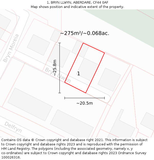 1, BRYN LLWYN, ABERDARE, CF44 0AF: Plot and title map