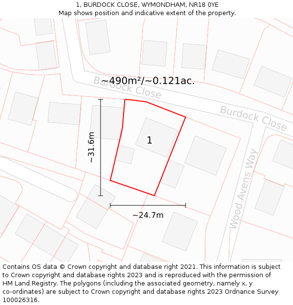 1, BURDOCK CLOSE, WYMONDHAM, NR18 0YE: Plot and title map