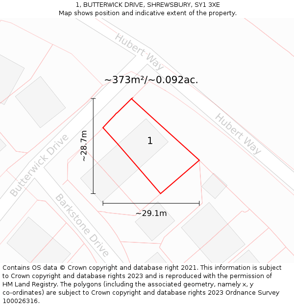 1, BUTTERWICK DRIVE, SHREWSBURY, SY1 3XE: Plot and title map