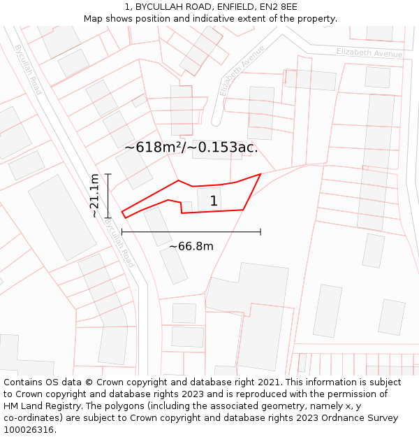 1, BYCULLAH ROAD, ENFIELD, EN2 8EE: Plot and title map