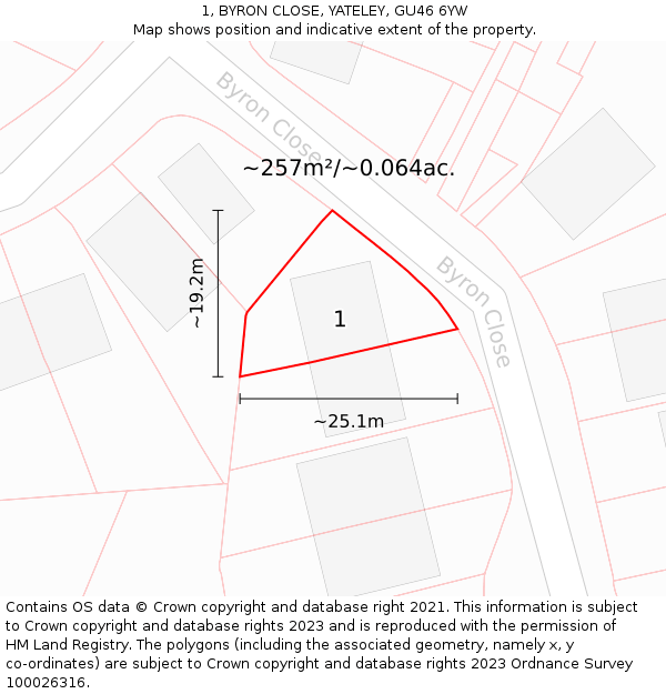 1, BYRON CLOSE, YATELEY, GU46 6YW: Plot and title map