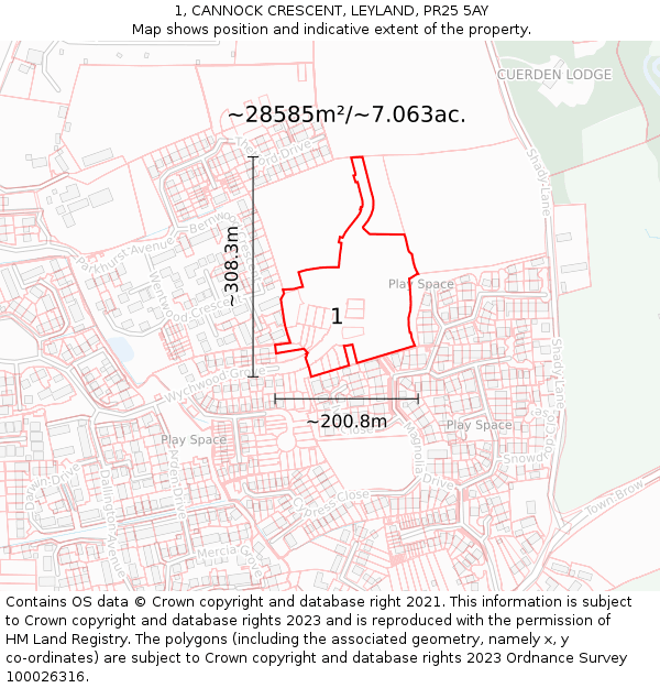 1, CANNOCK CRESCENT, LEYLAND, PR25 5AY: Plot and title map