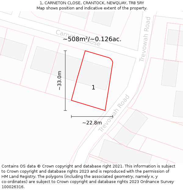 1, CARNETON CLOSE, CRANTOCK, NEWQUAY, TR8 5RY: Plot and title map