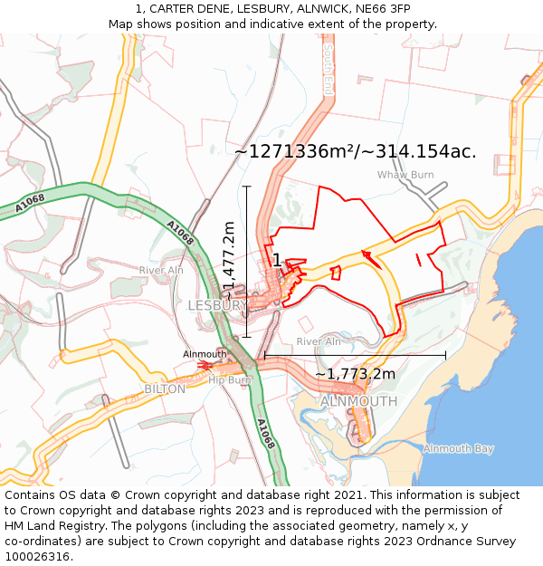 1, CARTER DENE, LESBURY, ALNWICK, NE66 3FP: Plot and title map