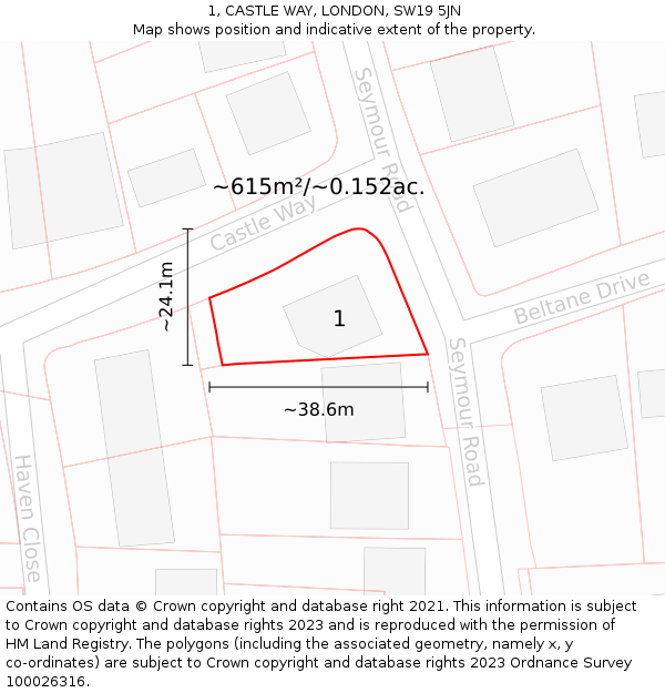 1, CASTLE WAY, LONDON, SW19 5JN: Plot and title map