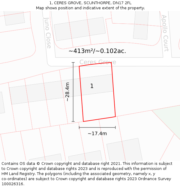 1, CERES GROVE, SCUNTHORPE, DN17 2FL: Plot and title map