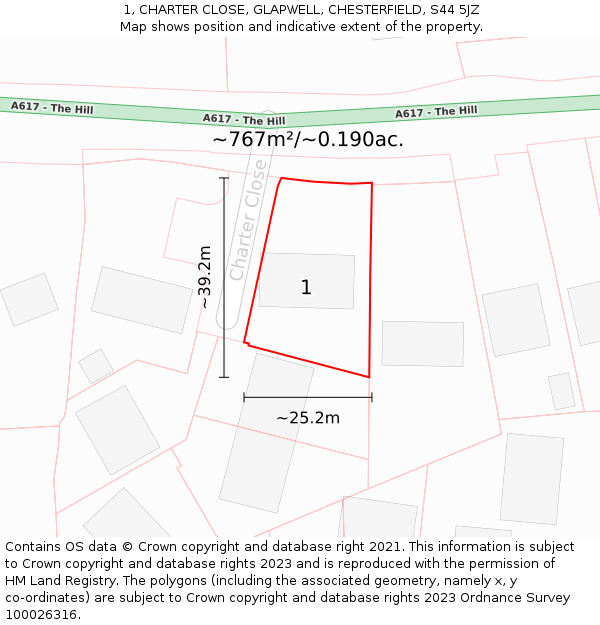 1, CHARTER CLOSE, GLAPWELL, CHESTERFIELD, S44 5JZ: Plot and title map