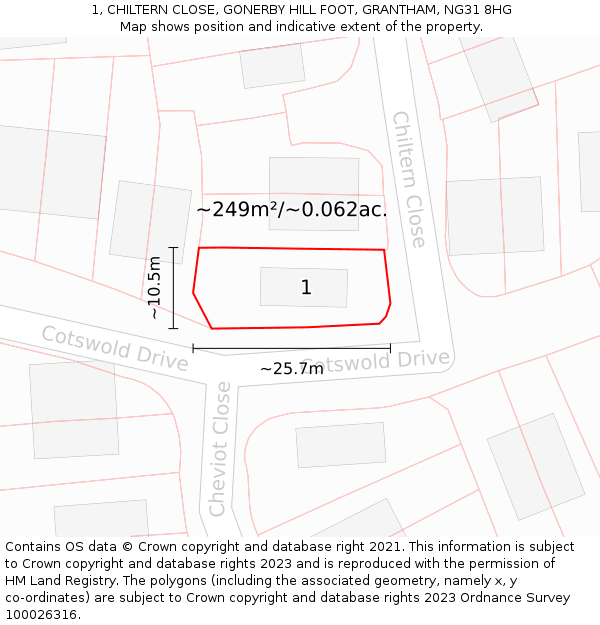 1, CHILTERN CLOSE, GONERBY HILL FOOT, GRANTHAM, NG31 8HG: Plot and title map