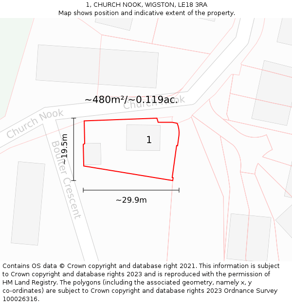1, CHURCH NOOK, WIGSTON, LE18 3RA: Plot and title map