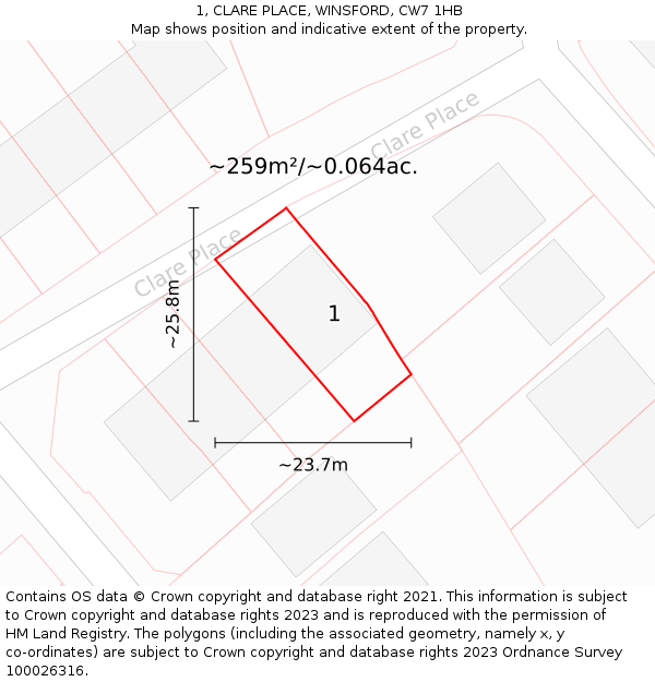 1, CLARE PLACE, WINSFORD, CW7 1HB: Plot and title map