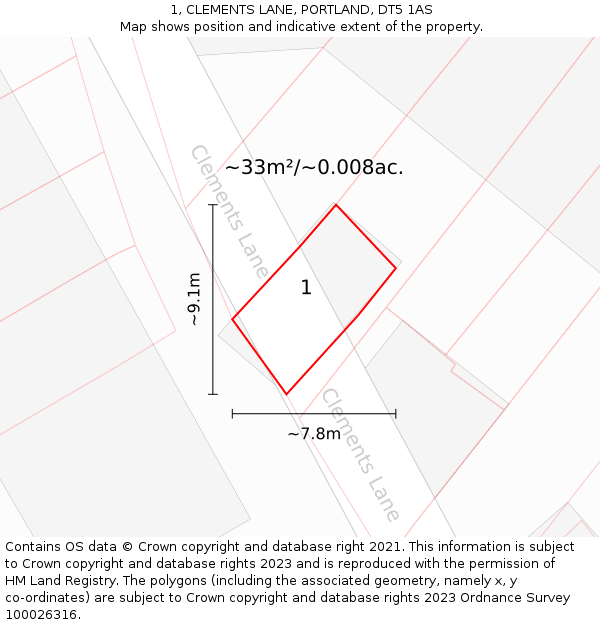 1, CLEMENTS LANE, PORTLAND, DT5 1AS: Plot and title map