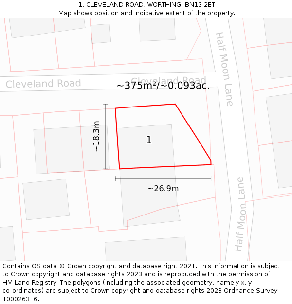 1, CLEVELAND ROAD, WORTHING, BN13 2ET: Plot and title map