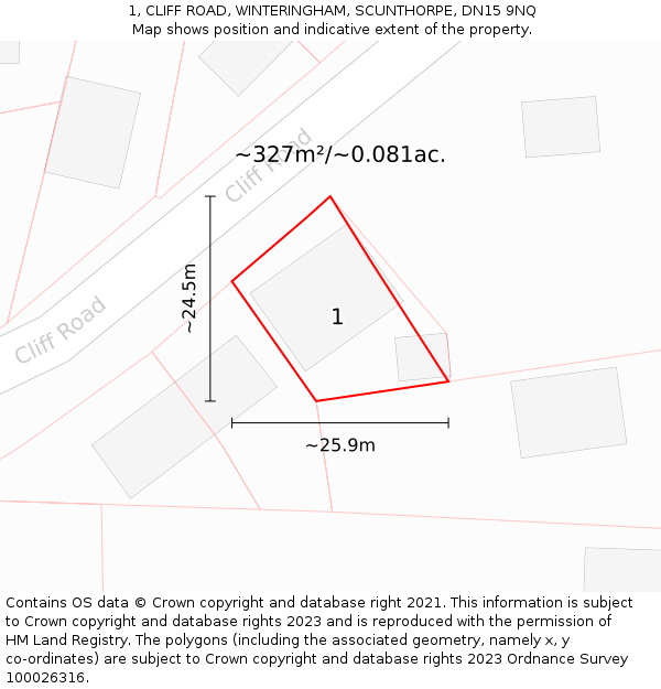 1, CLIFF ROAD, WINTERINGHAM, SCUNTHORPE, DN15 9NQ: Plot and title map