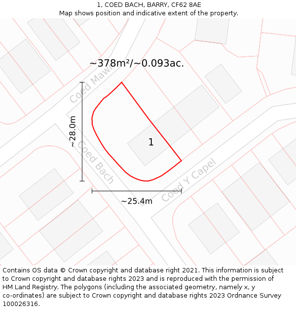 1, COED BACH, BARRY, CF62 8AE: Plot and title map