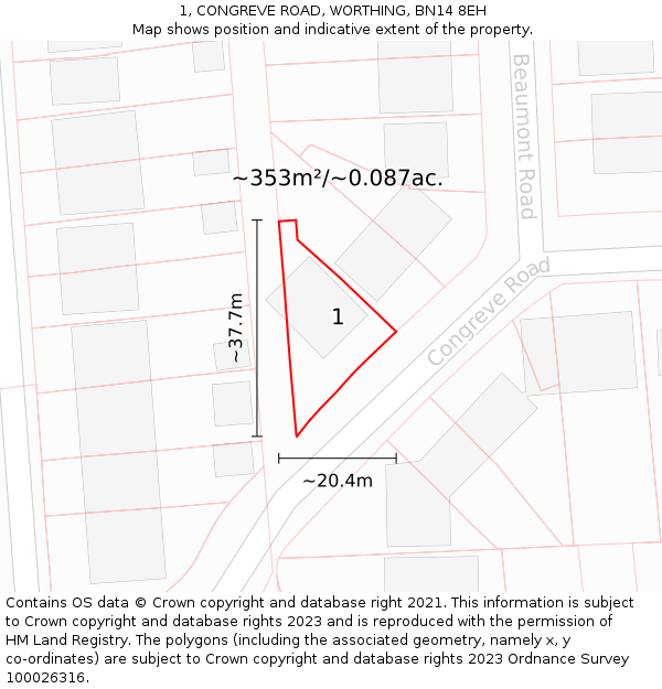 1, CONGREVE ROAD, WORTHING, BN14 8EH: Plot and title map