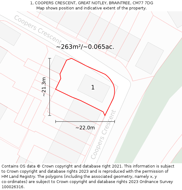 1, COOPERS CRESCENT, GREAT NOTLEY, BRAINTREE, CM77 7DG: Plot and title map