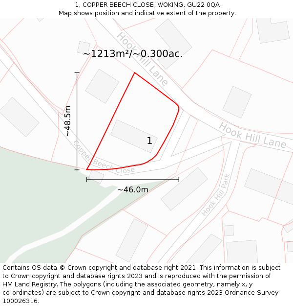 1, COPPER BEECH CLOSE, WOKING, GU22 0QA: Plot and title map