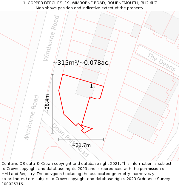 1, COPPER BEECHES, 19, WIMBORNE ROAD, BOURNEMOUTH, BH2 6LZ: Plot and title map
