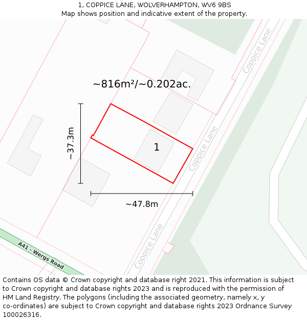 1, COPPICE LANE, WOLVERHAMPTON, WV6 9BS: Plot and title map