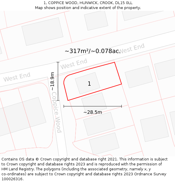 1, COPPICE WOOD, HUNWICK, CROOK, DL15 0LL: Plot and title map