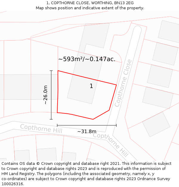 1, COPTHORNE CLOSE, WORTHING, BN13 2EG: Plot and title map