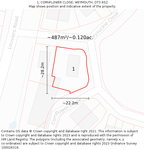 1, CORNFLOWER CLOSE, WEYMOUTH, DT3 6SZ: Plot and title map