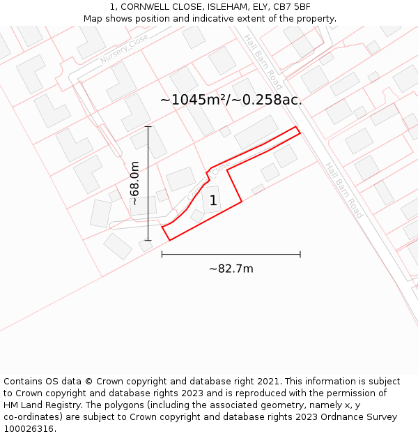 1, CORNWELL CLOSE, ISLEHAM, ELY, CB7 5BF: Plot and title map