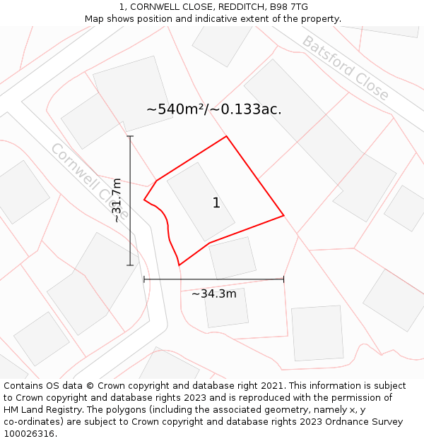 1, CORNWELL CLOSE, REDDITCH, B98 7TG: Plot and title map